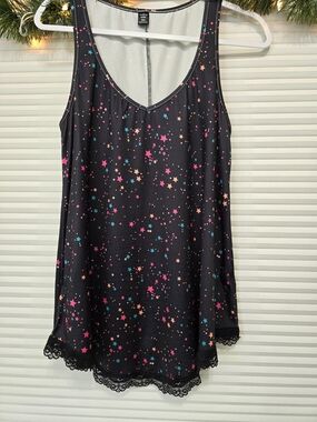 Star-Print Black Lace-Hem Tank Top - Pink & Teal Stars